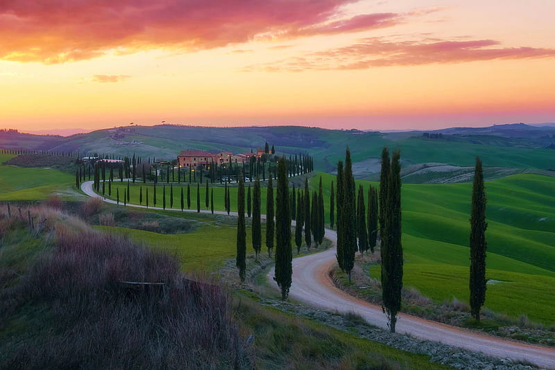 Val d'Orcia, Tuscany, Italy, landscape, hills, colors, road, sky, trees, clouds, HD wallpaper