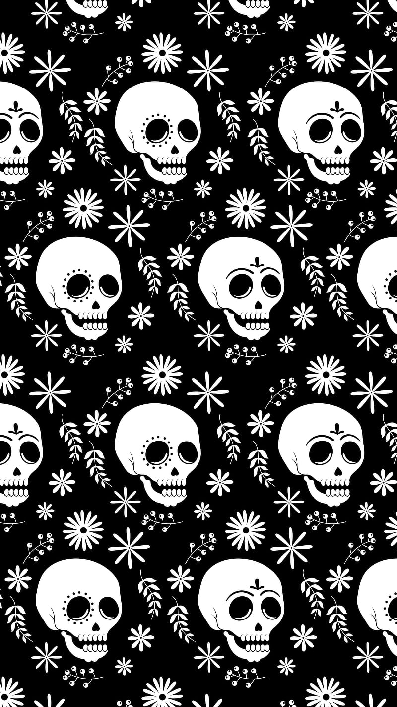 Skull Black, skull, white, themes, patterns, dia de muertos, black, dark, dead, flowers, craneo, HD phone wallpaper