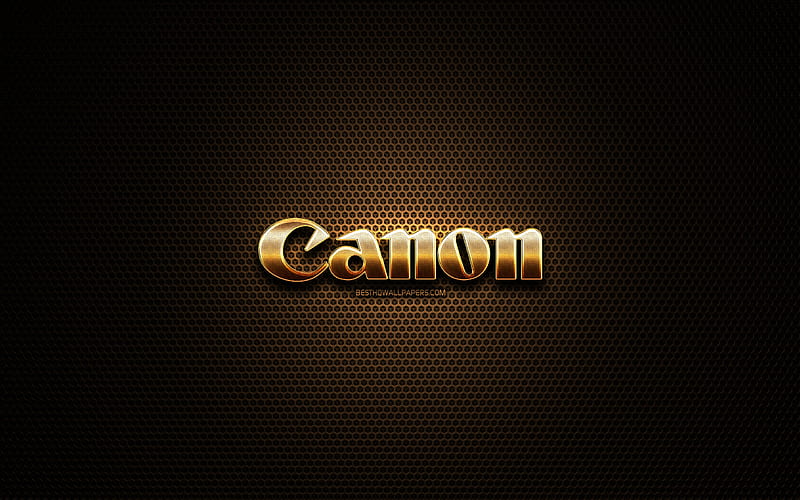 Canon glitter logo, creative, metal grid background, Canon logo, brands, Canon, HD wallpaper