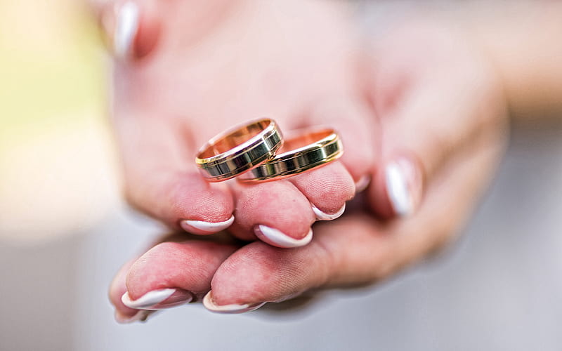 wedding rings in hands, female hands, gold rings, wedding concepts, bride, HD wallpaper