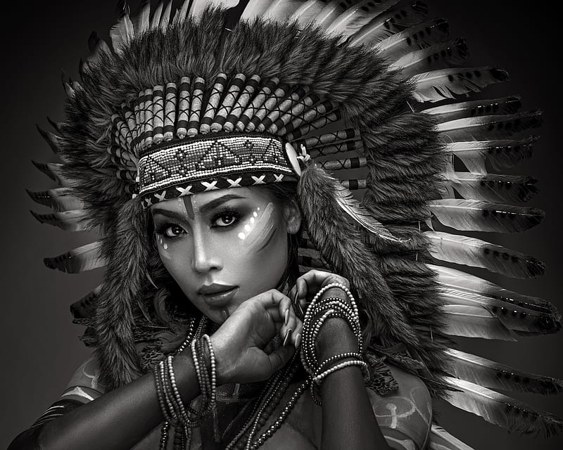 Women, Native American, Black & White , Asian , Headdress, HD wallpaper