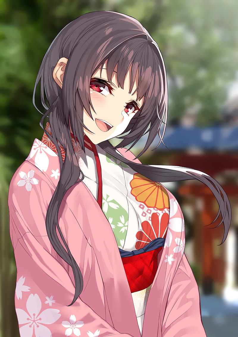 attractive anime girl, yukata, big smile, long hair, red eyes, Anime, HD phone wallpaper
