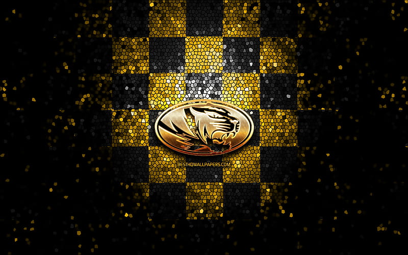 Missouri Tigers, glitter logo, NCAA, yellow black checkered background, USA, american football team, Missouri Tigers logo, mosaic art, american football, America, HD wallpaper