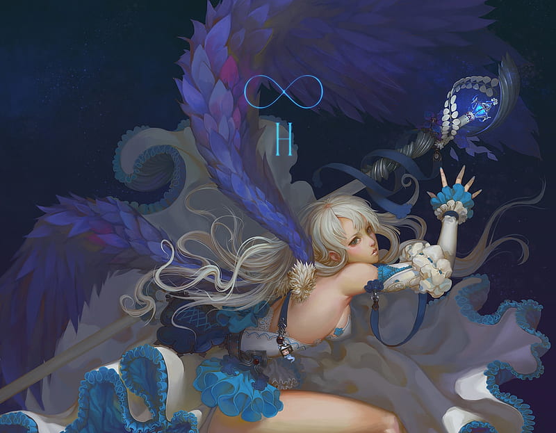 Angel, fantasy, wings, girl, purple, luminos, zheng huang, HD wallpaper