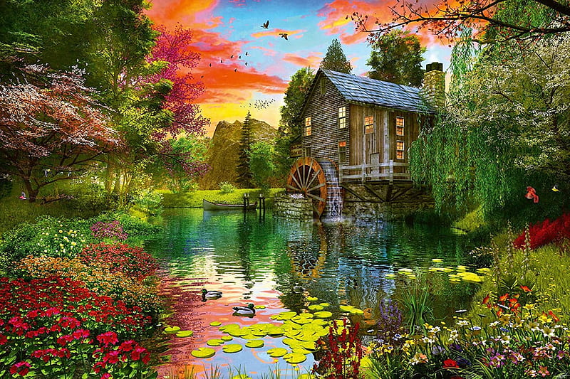 The Old Watermill, art, digital, ducks, flowers, river, sunset, sky, trees, HD wallpaper
