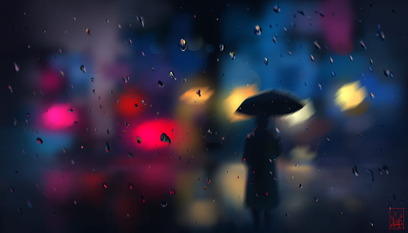 silhouette, rain, blur, drops, bokeh, lights, HD wallpaper
