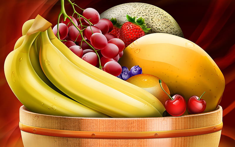 Basket of Fruit, fruit, 3d, food, cg, HD wallpaper