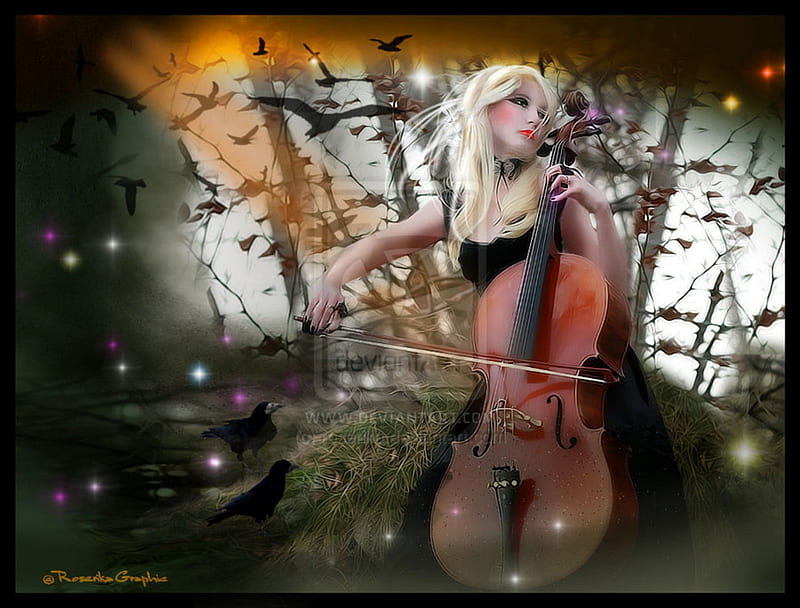 ~Cello of Forest~, pretty, band, women, sweet, fantasy, gothic, manipulation, emotional, flowers, forests, raven, lovely, models, crows, birds, creative pre-made, trees, flying, colorful, dress, bonito, digital art, cello, hair, people, girls, animals, female, music, colors, song, plants, backgrounds, HD wallpaper