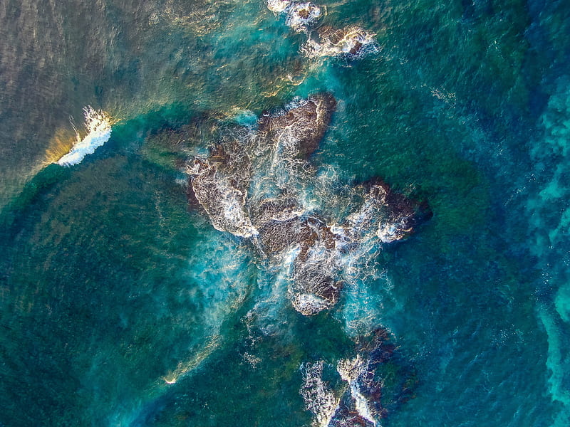 sea, reef, aerial view, waves, water, HD wallpaper