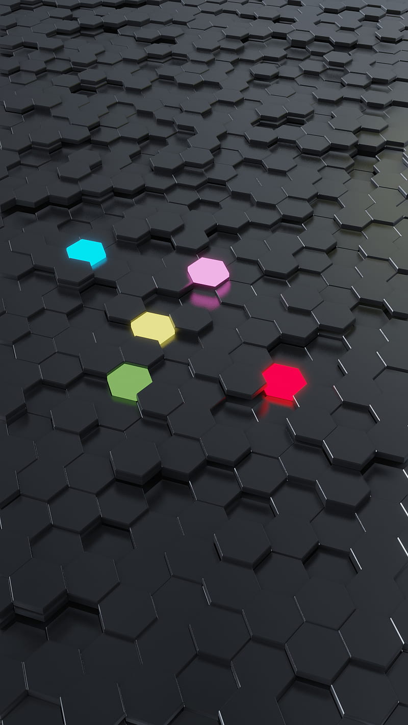 Hexagon, 3d, abstract, bright colours, dark, neon, polygon, technology, HD phone wallpaper