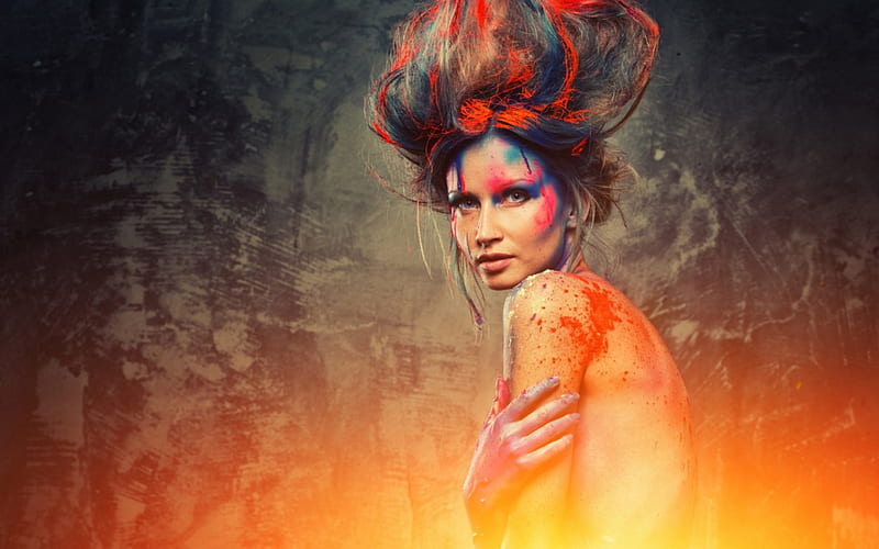 red, fire, girl, model, orange, painted, easter, woman, HD wallpaper