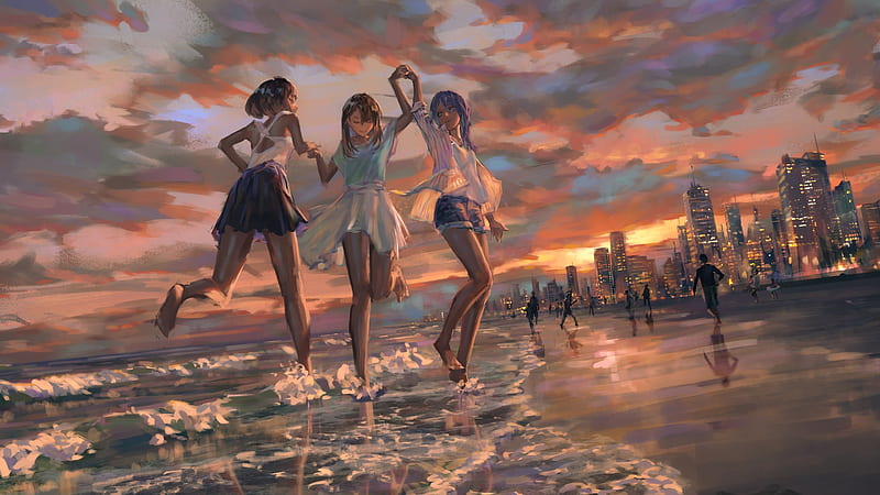 Three Anime Girl Friends On Beach Waves Anime Friends, HD wallpaper
