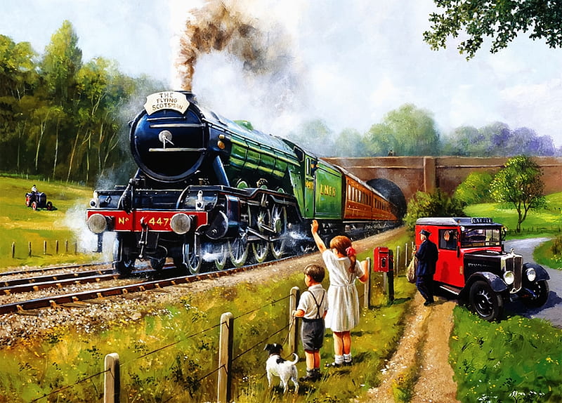 The Flying Scotsman, train, van, postman, locomotion, steam, smoke, vintage, scotsman, HD wallpaper