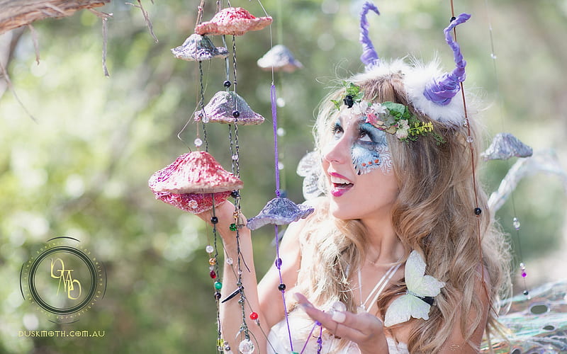 Dusk Moth - Miss Groovy Face [Mushroom Windchimes], mystical, forest, australian fairy, cosplay, enchantment, fairy fashion, magic, faerie fashion, pixie, faerie, fantasy, dusk moth, mushrooms, windchimes, woodland, fairy, HD wallpaper