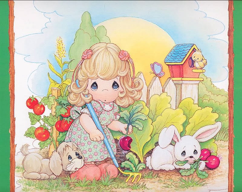 6 precious moments, cute, precious moments, sun, children, bunny, dog, sweet, HD wallpaper