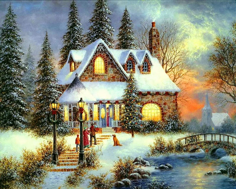 Winter house, pretty, house, shore, eveniing, dusk, bonito, twilight, lights, nice, bridge, village, river, reflection, frost, night, lovely, holiday, christmas, new year, trees, winter, lake, noel, pond, snow, snowflakes, peaceful, frozen, HD wallpaper