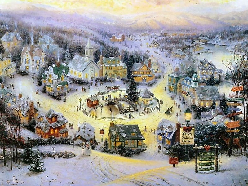 thomas-kinkade-st-nicholas-circle-, art, christmas, snow, painting, thomas kinkade, winter, HD wallpaper