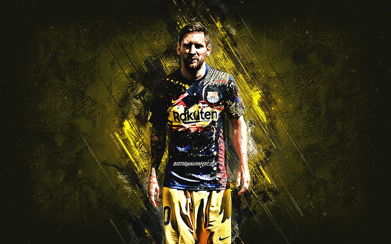 Lionel Messi, FC Barcelona, Argentine footballer, 2021 Barcelona uniform, creative art, yellow stone background, football, La Liga, Spain, HD wallpaper