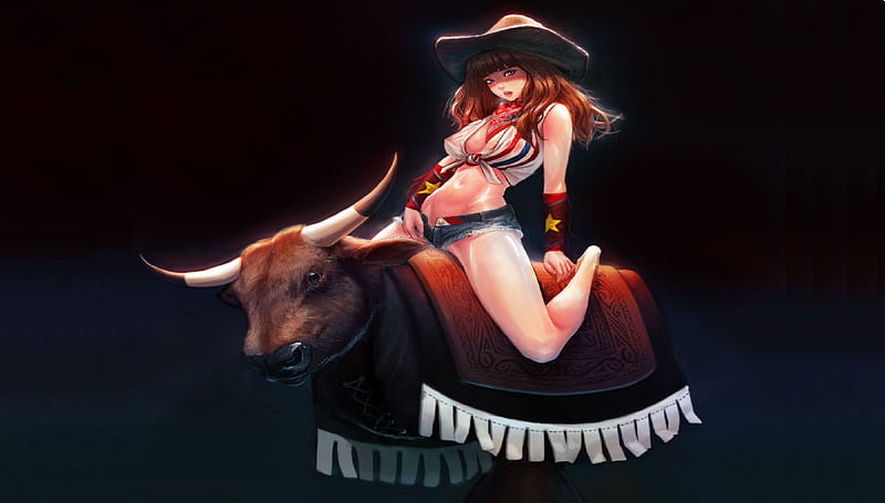 The Bull Rider . ., cartoons, fantasy, cowgirl, bull, hats, HD wallpaper