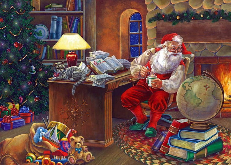 Santa Planning His Tour, globe, ornaments, lamp, books, christmas, cat, artwork, fireplace, tree, painting, room, chimney, gifts, HD wallpaper