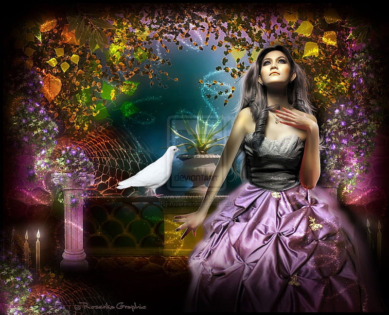 ~Colombania of Emotional~, pretty, women, sweet, sparkle, fantasy, Colombania, manipulation, emotional, flowers, face, wings, lovely, models, birds, lips, trees, cool, dove, eyes, colorful, dress, shine, candlelight, bonito, digital art, hair, leaves, girls, animals, female, colors, candles, plants, ivy, HD wallpaper