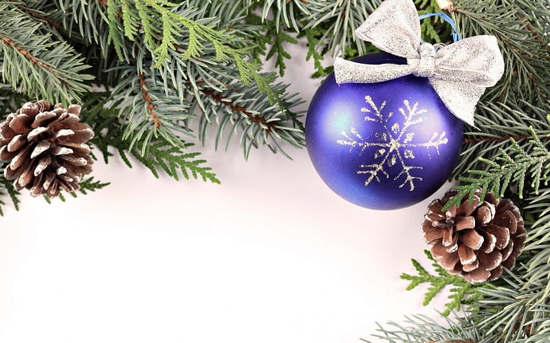 One Single Ornament, pine cones, globe, green, fresh, ribbon, snowfake, bow, branches, HD wallpaper