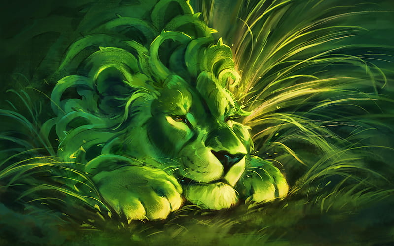 grenn lion, predator, king of beasts, fantastic forest, cartoon lion, artwork, lion, HD wallpaper