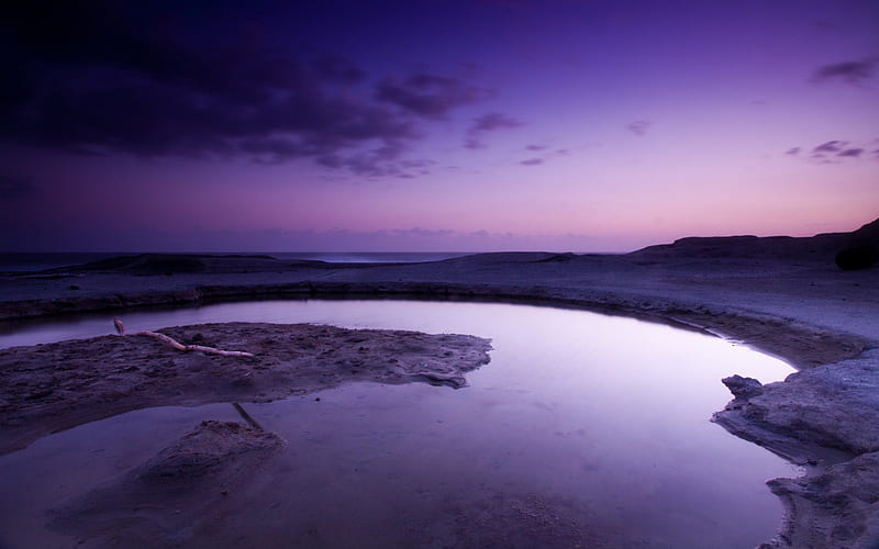 tidal pool in purple dusk, beach, purple, dusk, pool, sea, log, HD wallpaper
