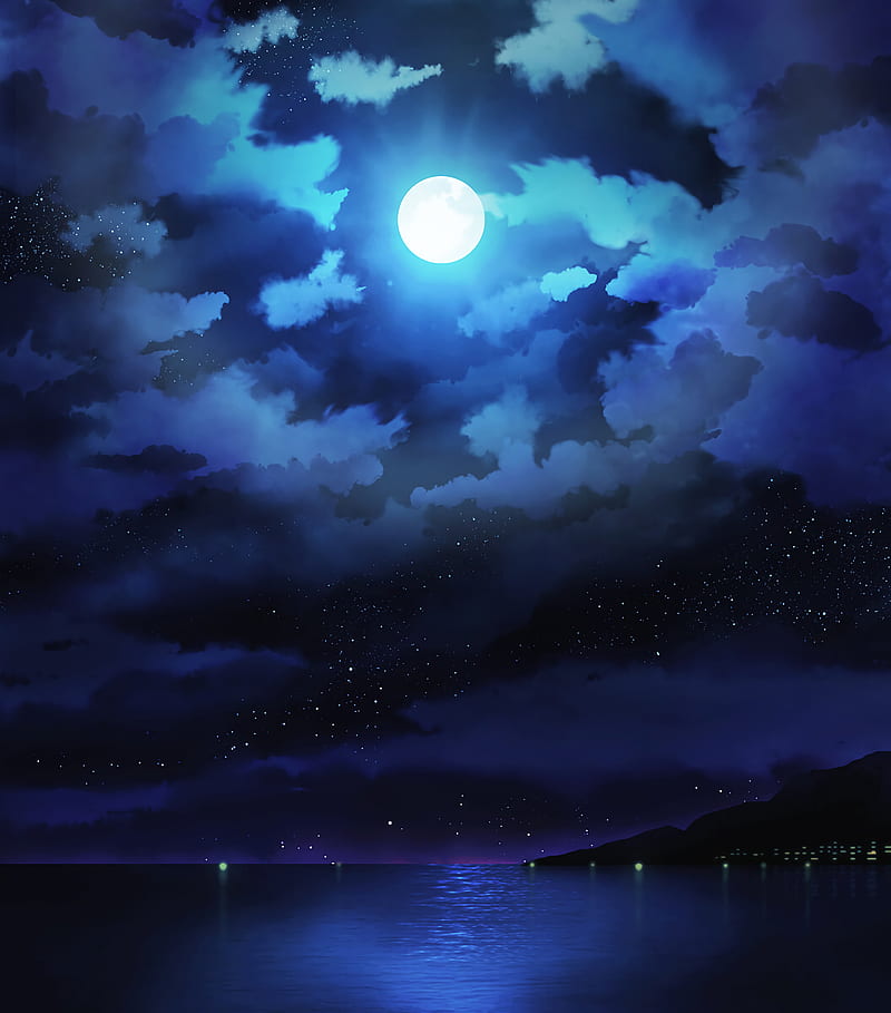 moon, night, clouds, sea, horizon, stars, HD phone wallpaper
