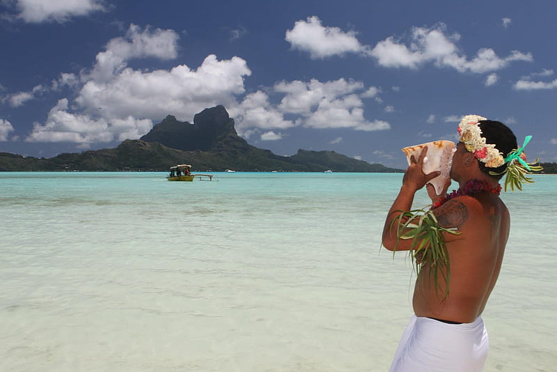 Tahitian Man blows conch shell to boat on blue lagoon on Bora Bora paradise tropical island Polynesia Tahiti, polynesia, resort, retreat, sea, beach, lagoon, bora bora, calm, sand, tribal, green, call, polynesian, maori, blue, exotic, islander, islands, blow, holiday, tahitian, ocean, man, conch, peace, escape, paradise, shell, society, island, tahiti, tropical, HD wallpaper