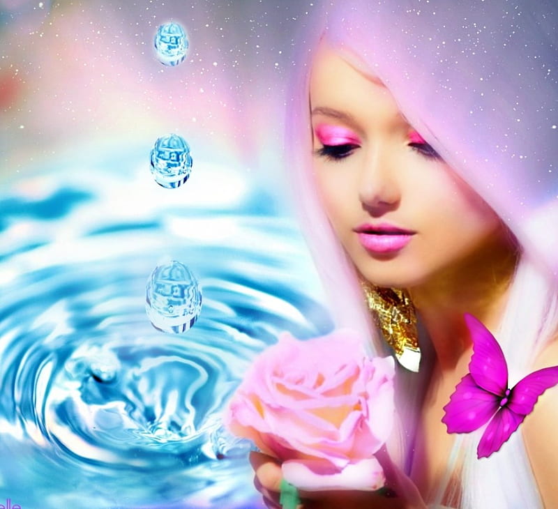 Life is Beautiful , bonito, Rose, Drops, Fantasy, Water, manipulation, Beauty, Pink, butterfly, Life, Woman, HD wallpaper