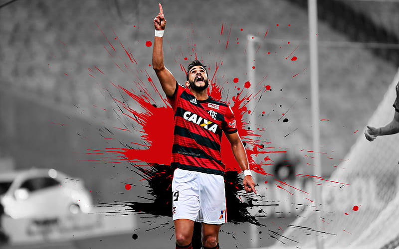 Henrique Dourado art, Flamengo, Brazilian football player, forward, red-black splashes of paint, grunge art, Serie A, Brazil, football, Jose Henrique da Silva Dourado, HD wallpaper