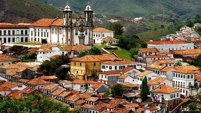 church in ouro preto brazil, hills, church, mountains, town, HD wallpaper