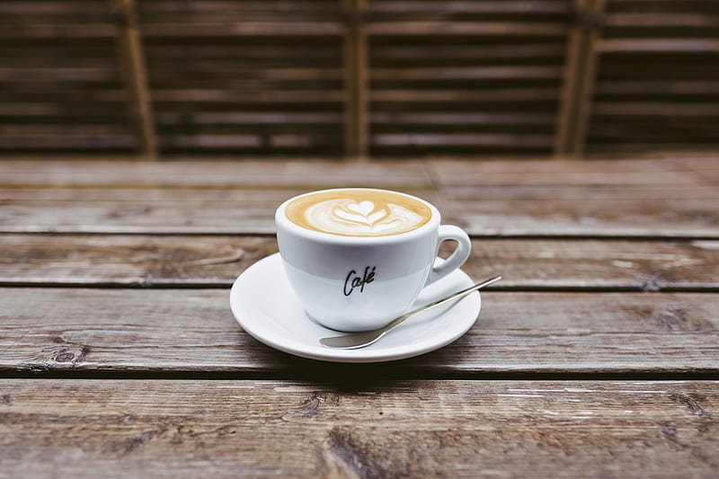 coffee latte on white ceramic saucer beside spoon, HD wallpaper