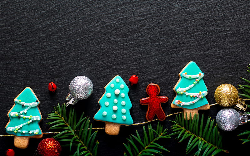 Christmas cookies, Christmas tree cookies, New Year, gray background, decoration, HD wallpaper