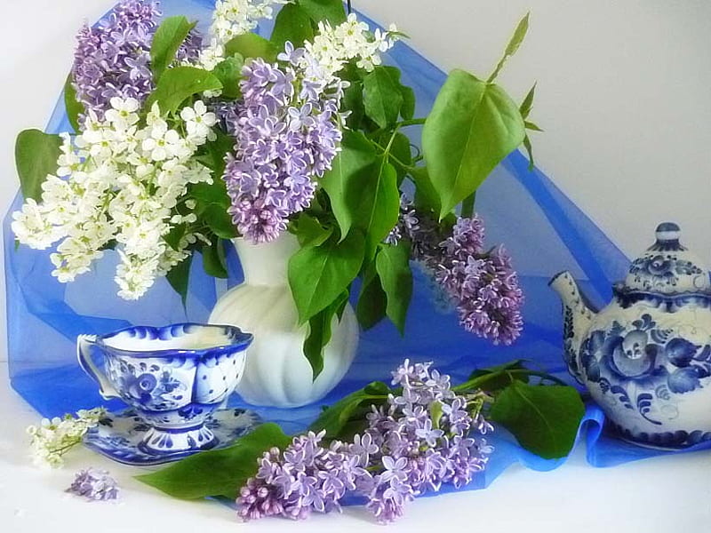 Lilacs Still Life, art , vase, bonito, lilacs, teacup, teapot, flowers, white, blue, HD wallpaper