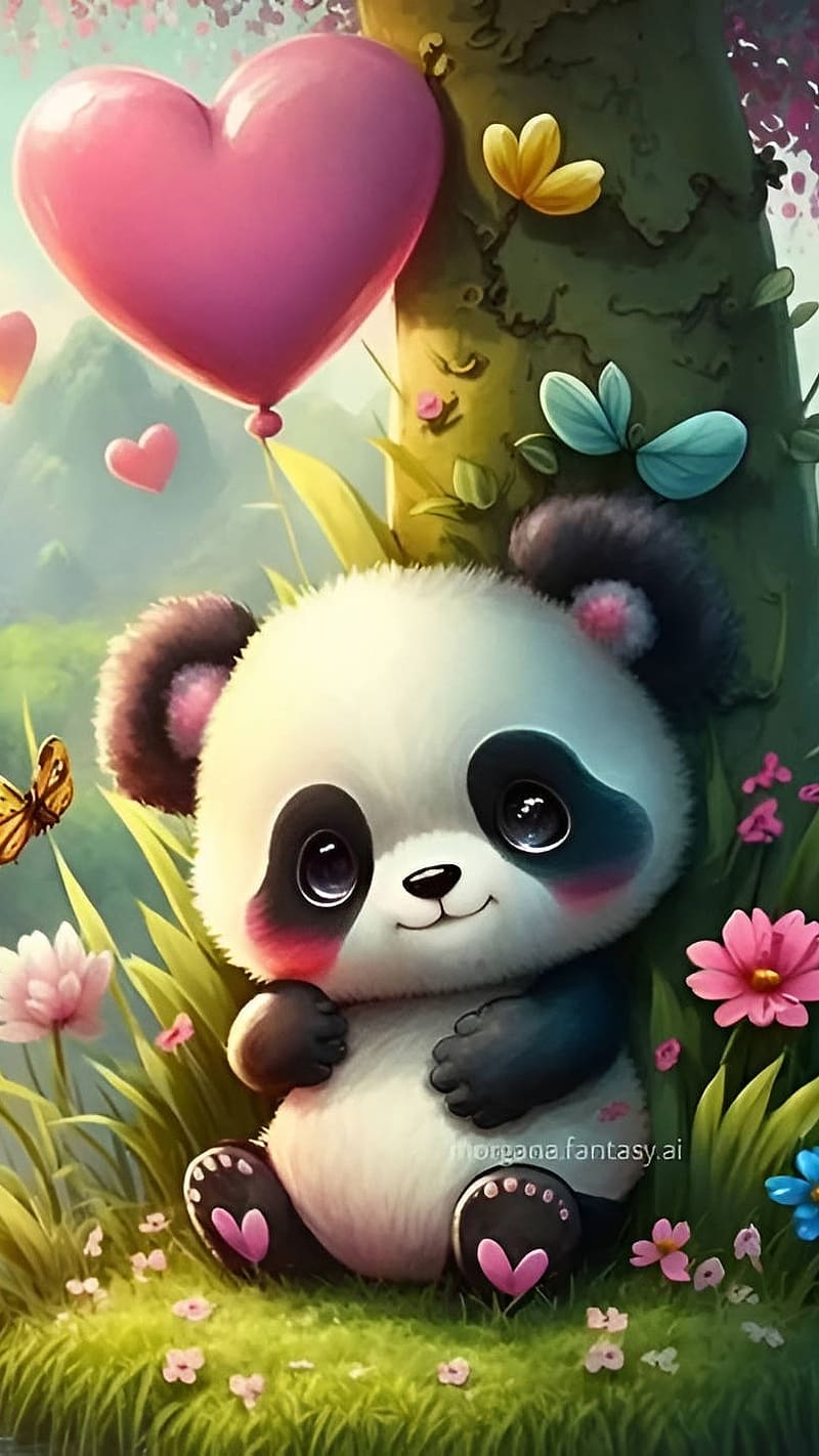 Cute And Sweet Animated Panda, cute and sweet, animated panda, pink heart, HD phone wallpaper