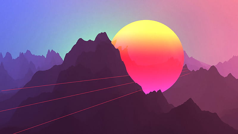 Sunset neon, landscape, mountains, HD wallpaper