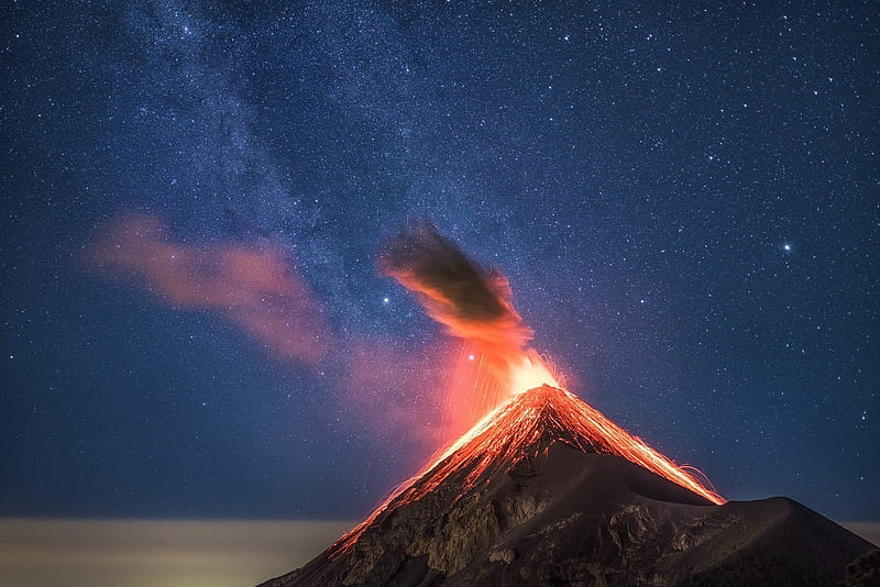 1920x1080px 1080p Free Download Starry Sky Over Erupting Volcano Stars Volcanoes Sky 