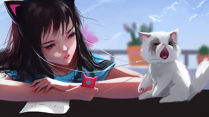 Anime Girl With Cat Pulling Back Her Headphones, anime-girl, anime, cat, artist, artwork, digital-art, HD wallpaper