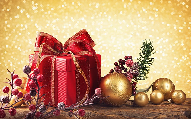 New Years gift, red box, Christmas, Christmas decoration, Christmas balls, HD wallpaper