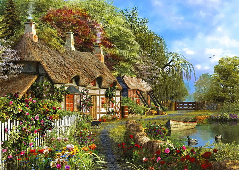 Riverside cottage, colorful, house, shore, cottage, home, cabin, bonito, countryside, boat, painting, flowers, river, art, lovely, trees, riverside, summer, nature, alley, HD wallpaper