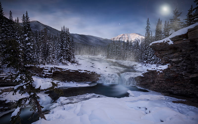 winter, mountain river, snow, mountain landscape, Sheep River Provincial Park, Rocky Mountains, Alberta, Canada, HD wallpaper