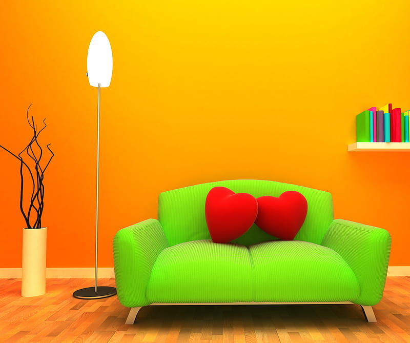 sofa heart, 3d, beauty, interior, orange, red, room, HD wallpaper