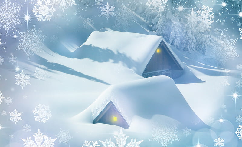 Artistic, Winter, Drawing, House, Snow, Snowflake, HD wallpaper