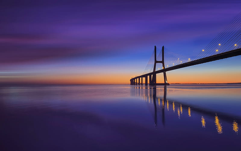 Vasco da Gama Bridge, Tagus River, sunset, Lisbon, Portugal, HD wallpaper