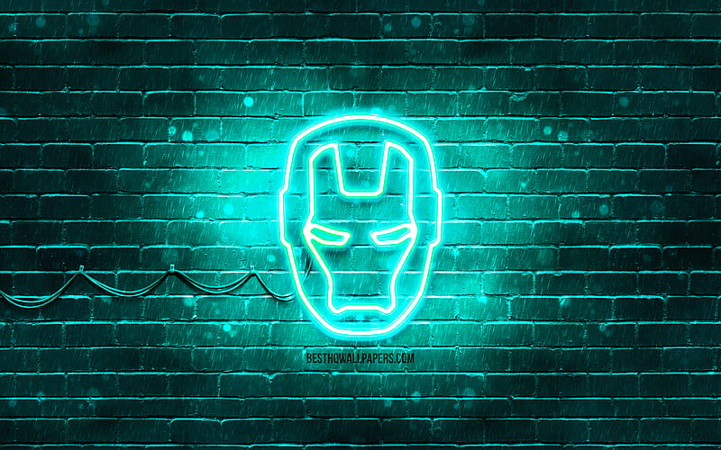Iron Man turquoise logo, turquoise brickwall, IronMan logo, Iron Man, superheroes, IronMan neon logo, Iron Man logo, IronMan, HD wallpaper