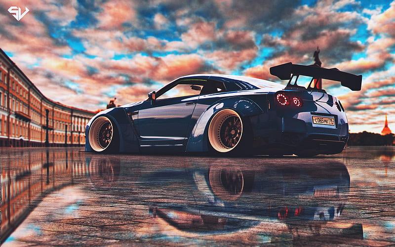 Nissan GT-R, tuning, R35, stance, supercars, blue GT-R, japanese cars, Nissan, HD wallpaper