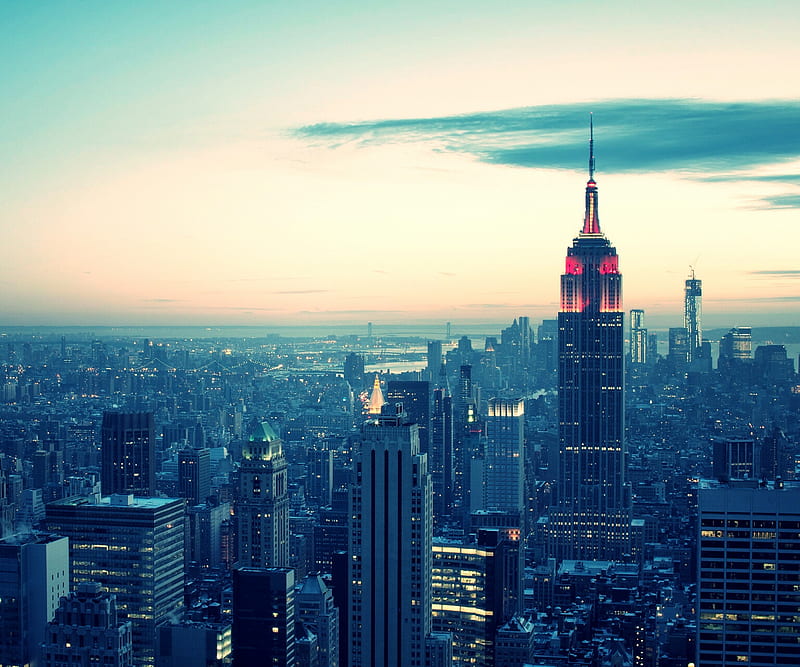 NY winter sunset, city new york, sky, HD wallpaper