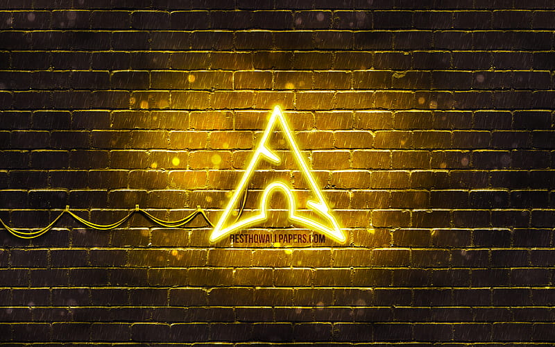 Arch Linux yellow logo OS, yellow brickwall, Arch Linux logo, Linux, Arch Linux neon logo, Arch Linux, HD wallpaper
